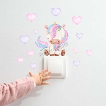 Sevimli Unicorn Ve Kalpler U1 Priz Üstü Sticker