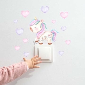 Sevimli Unicorn Ve Kalpler U2 Priz Üstü Sticker