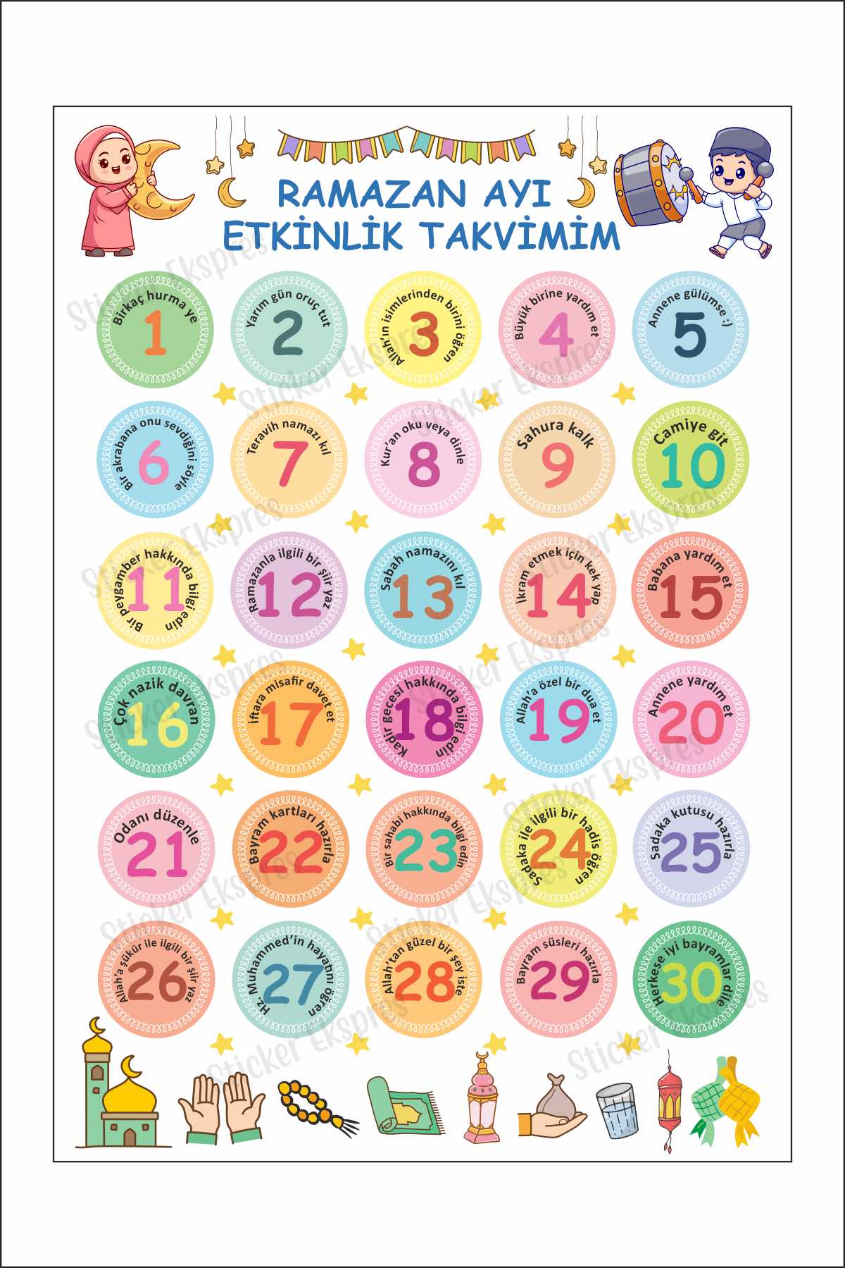 Çocuklar İçin Ramazan Ayı Etkinlik Takvimi Oruç Çizelgesi Duvar Kapı Cam Sticker Seti