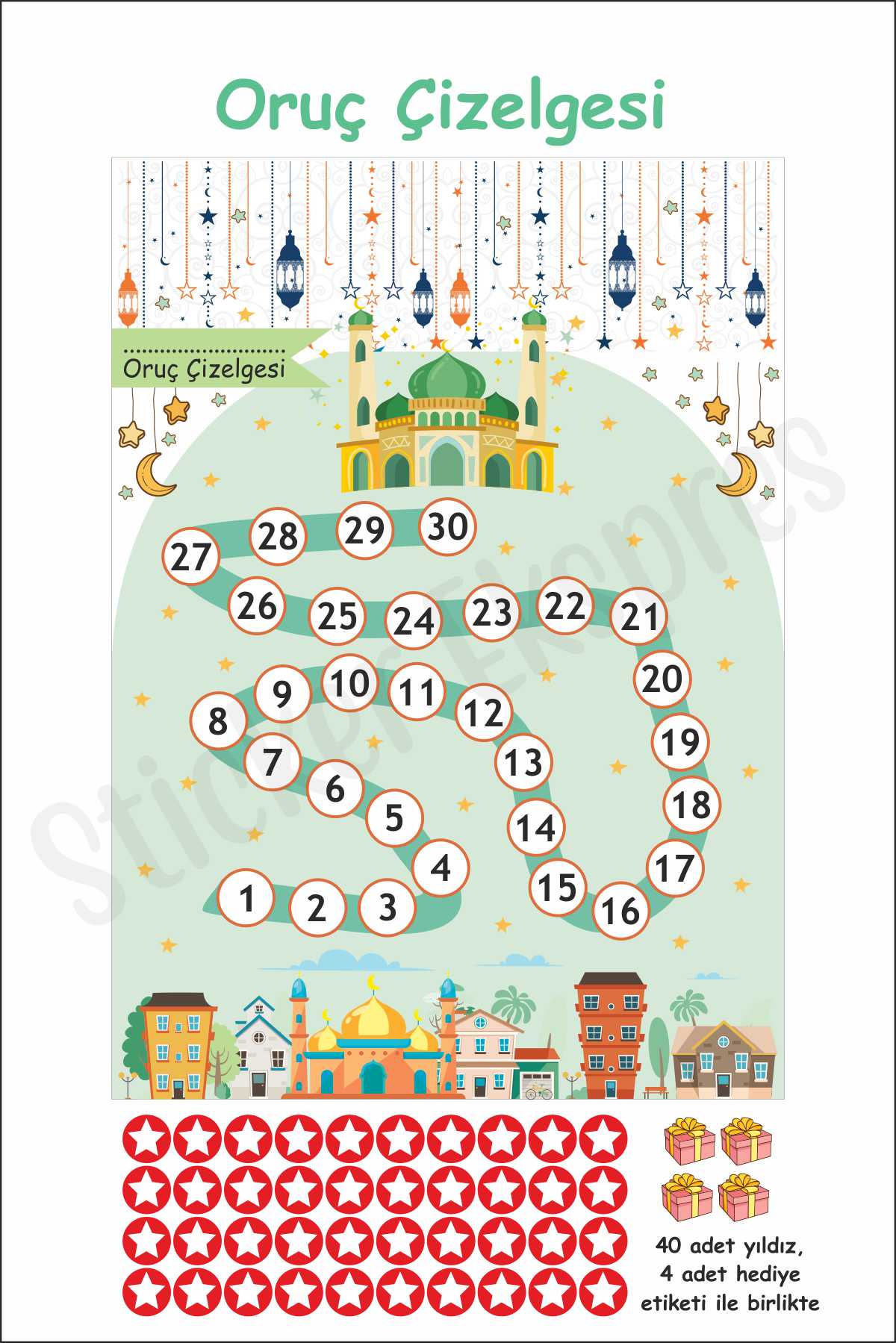 Çocuklar İçin Ramazan Ayı Oruç Çizelgesi Duvar Kapı Cam Sticker Seti