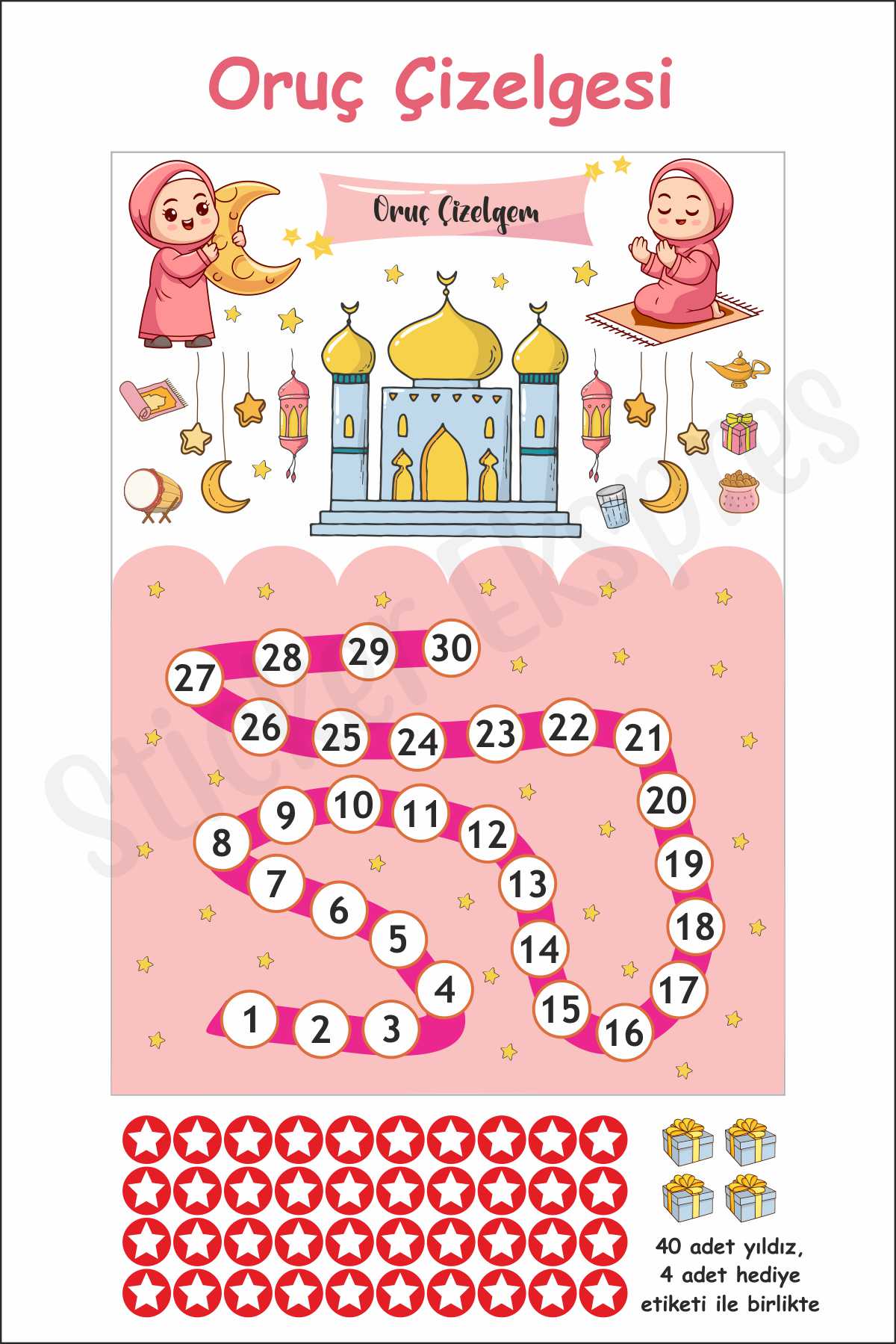 Kız Çocuklar İçin Ramazan Ayı Oruç Çizelgesi Duvar Kapı Cam Sticker Seti