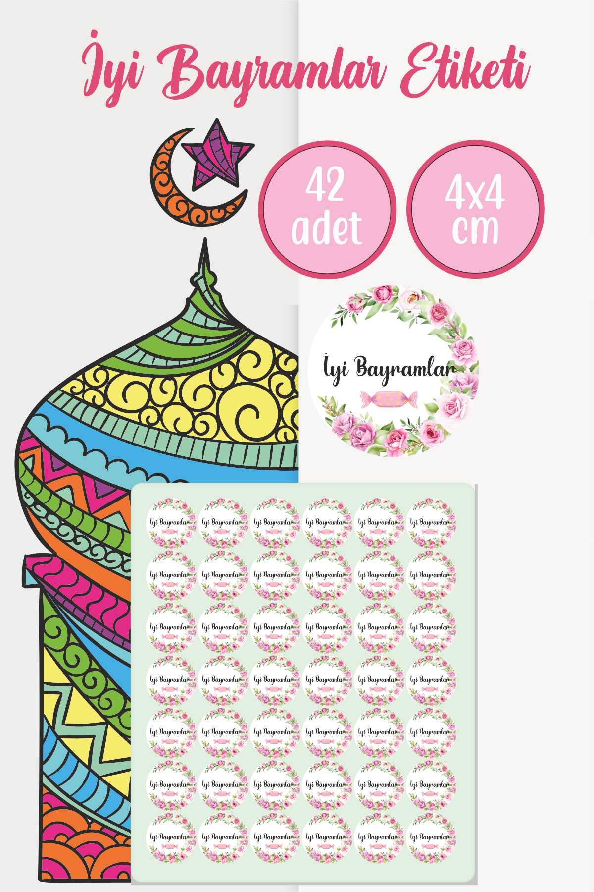 Çiçekli Ve Şekerli İyi Bayramlar Etiketi 4 cm 42 Adet Suya Dayanıklı Sticker