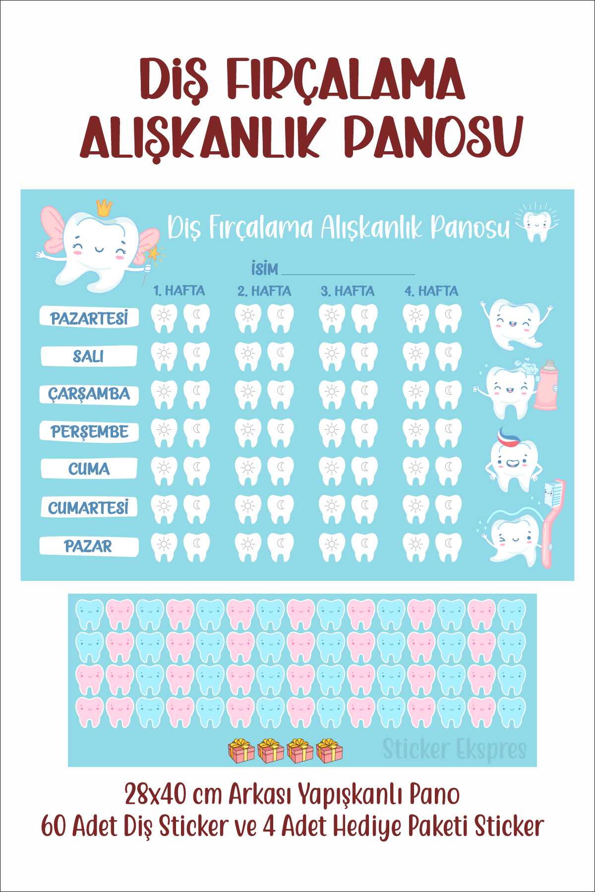 Çocuklar İçin Diş Fırçalama Alışkanlık Panosu Sticker - Diş Fırçalama Takip Çizelgesi