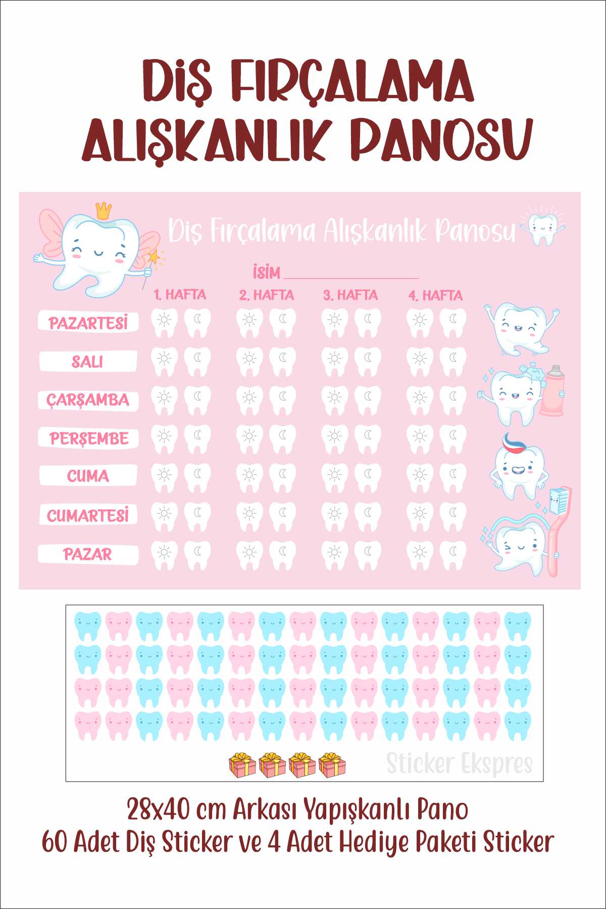 Çocuklar İçin Diş Fırçalama Alışkanlık Panosu Sticker - Diş Fırçalama Takip Çizelgesi Açık Pembe