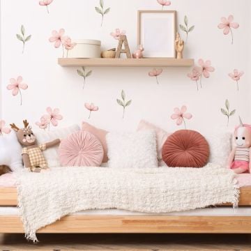 Pembe Çayır Çiçekleri Ve Yapraklar Duvar Sticker Seti