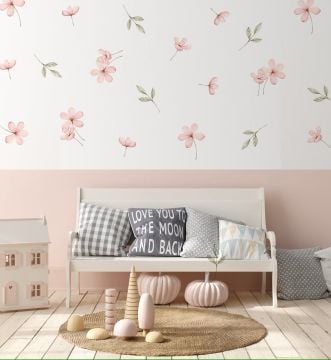 Pembe Çayır Çiçekleri Ve Yapraklar Duvar Sticker Seti