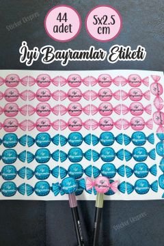 Şeker Şeklinde İyi Bayramlar Etiketi 5x2.5 cm 44 Adet Suya Dayanıklı Sticker