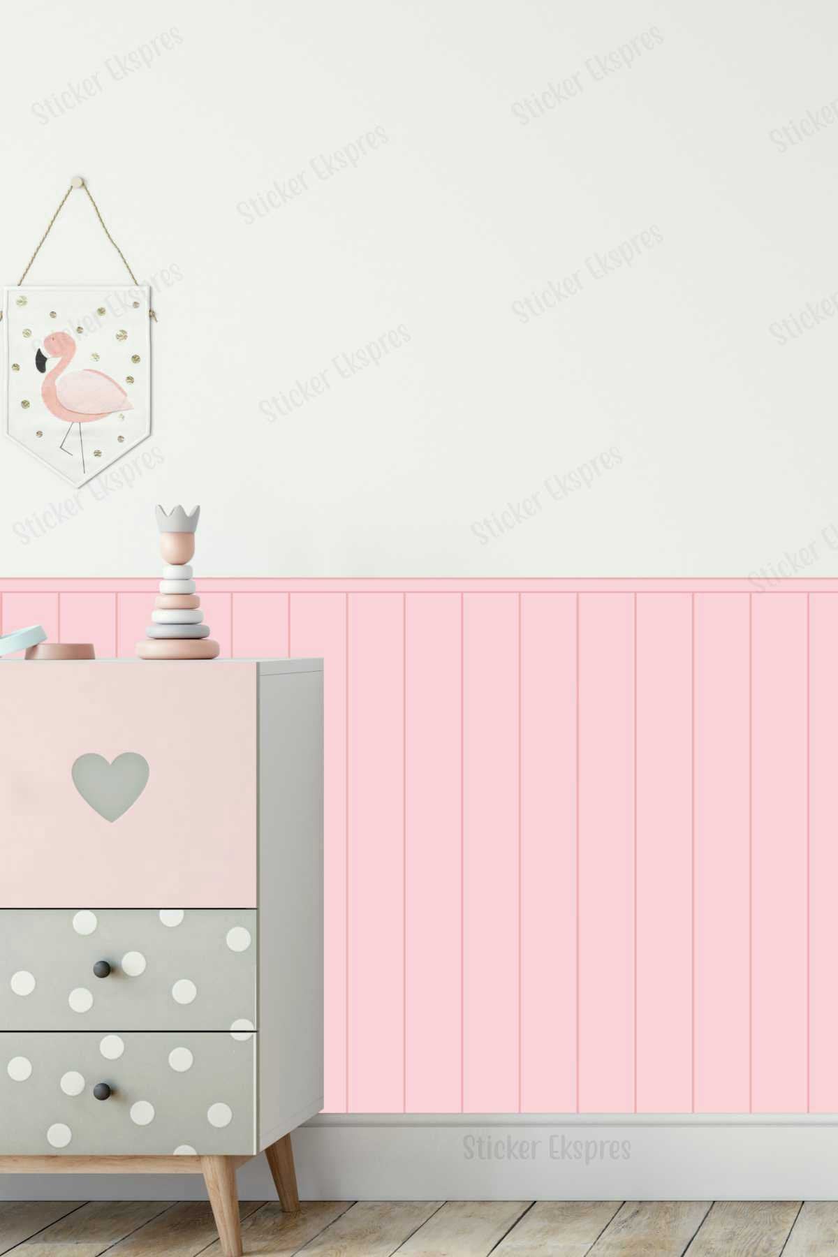 Çizgili Duvar Panel Folyosu, Ahşap Panel Görünümlü Duvar Sticker Açık Pembe