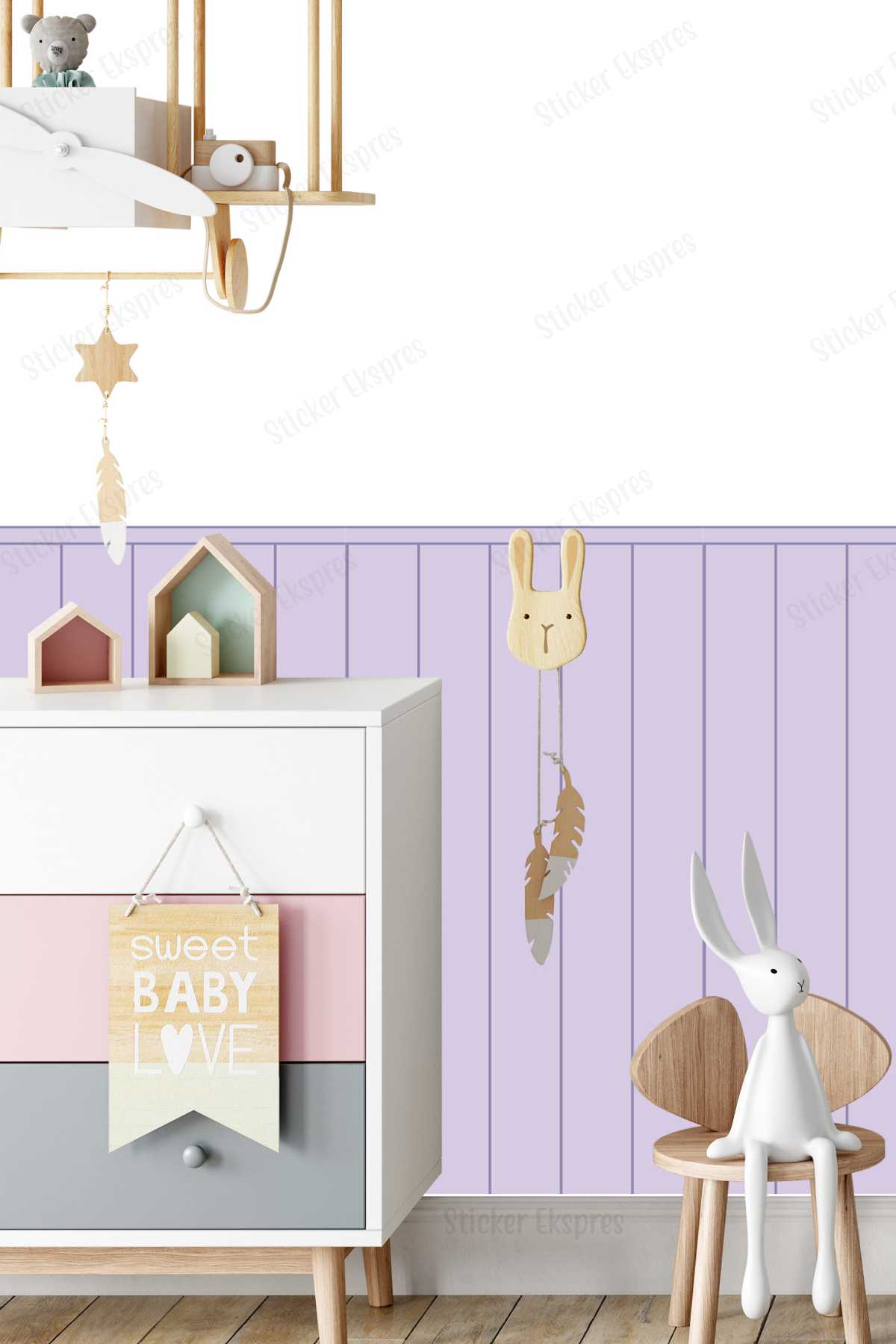 Çizgili Duvar Panel Folyosu, Ahşap Panel Görünümlü Duvar Sticker Lila