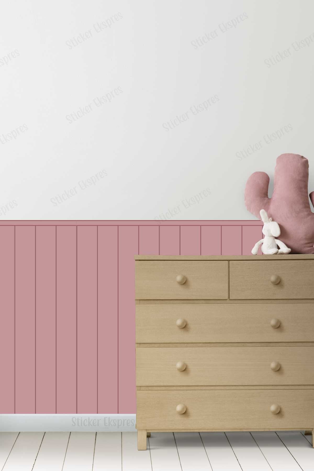 Çizgili Duvar Panel Folyosu, Ahşap Panel Görünümlü Duvar Sticker Gül Kurusu