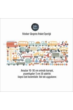 Pastel Renk Araçlar Arabalar Çocuk Odası Duvar Sticker Seti