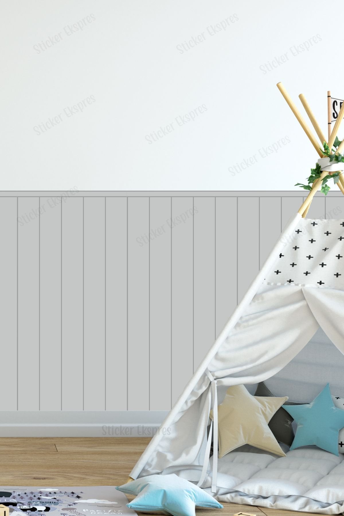 Çizgili Duvar Panel Folyosu, Ahşap Panel Görünümlü Duvar Sticker Açık Gri