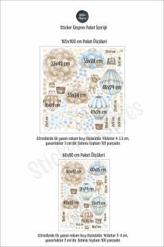 Soft Mavi Bej Tonlarda Uçan Balon Macerası Çocuk Odası Duvar Sticker Seti