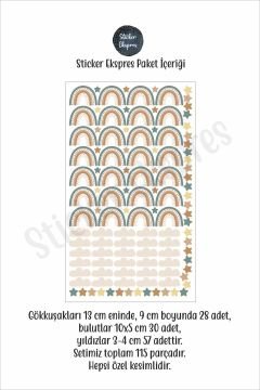 Yeşil Ve Kahverengi Tonlarda Gökkuşağı Bulut Ve Yıldızlar Duvar Sticker Seti