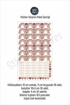 Mürdüm Ve Kahverengi Tonlarda Gökkuşağı Bulut Ve Kalpler Duvar Sticker Seti