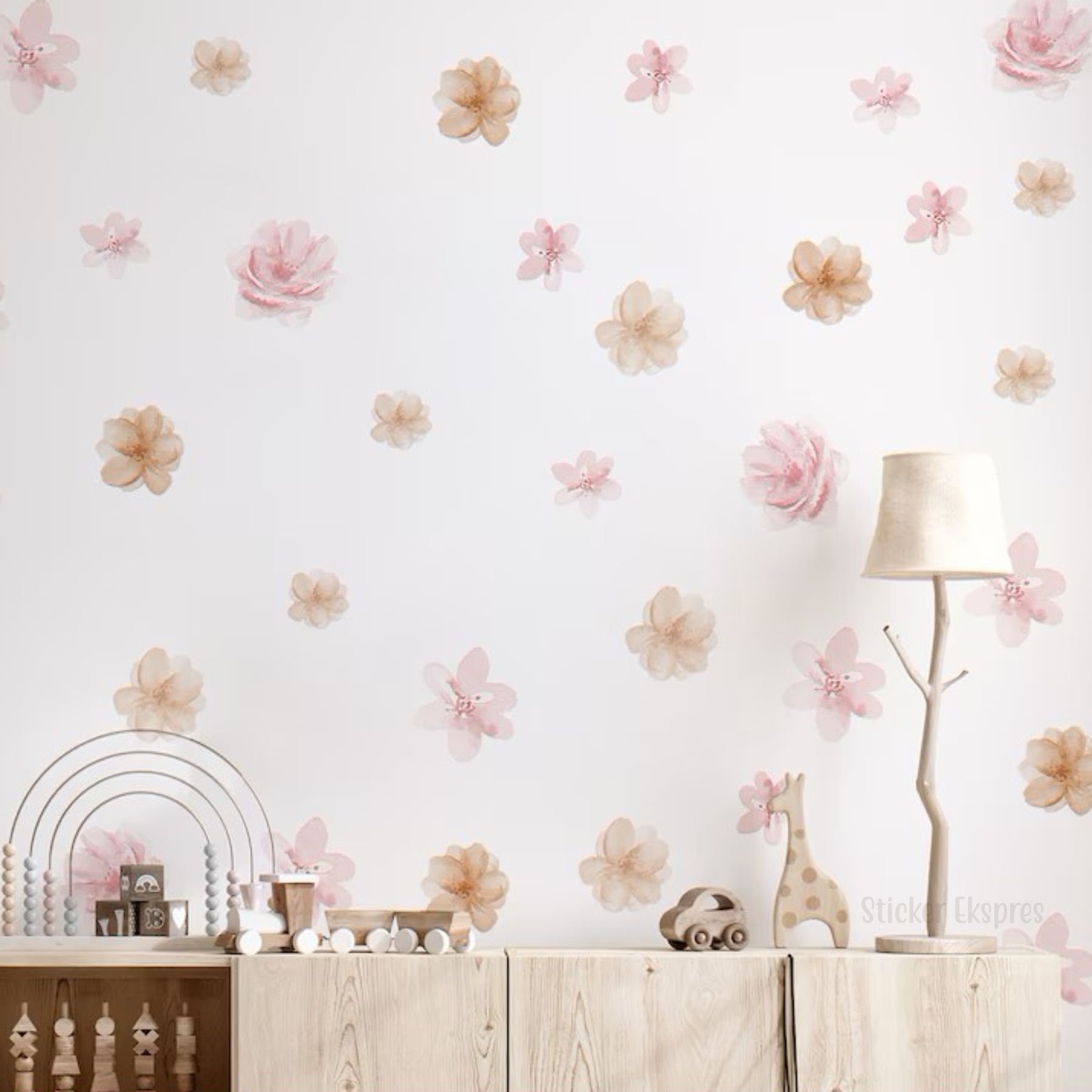 Soft Pembe Soft Kahverengi Tonlarda Çiçekler Dekoratif Çiçek Duvar Sticker Seti