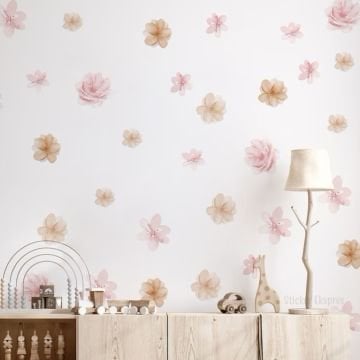 Soft Pembe Soft Kahverengi Tonlarda Çiçekler Dekoratif Çiçek Duvar Sticker Seti