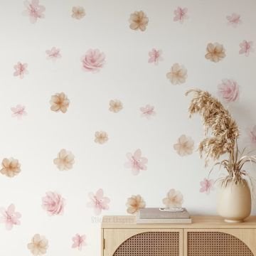 Soft Pembe Soft Kahverengi Tonlarda Çiçekler Dekoratif Çiçek Duvar Sticker Seti