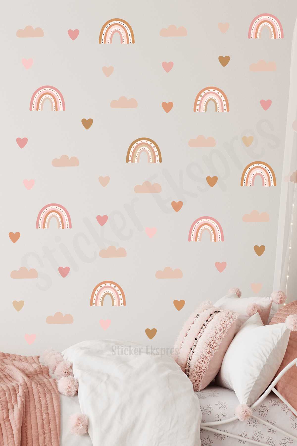Soft Pembe Soft Kahverengi Tonlarda Boho Gökkuşağı Ve Kalpler Çocuk Odası Duvar Sticker