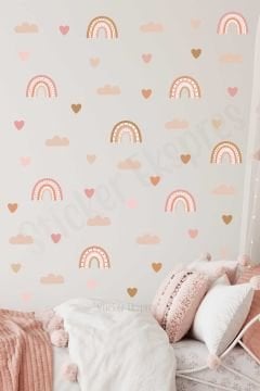 Soft Pembe Soft Kahverengi Tonlarda Boho Gökkuşağı Ve Kalpler Çocuk Odası Duvar Sticker