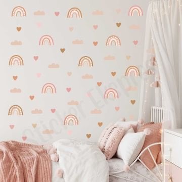 Soft Pembe Soft Kahverengi Tonlarda Boho Gökkuşağı Ve Kalpler Çocuk Odası Duvar Sticker