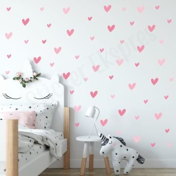 Pembe Tonlarda Şirin Kalpler Çocuk Odası Duvar Sticker Seti