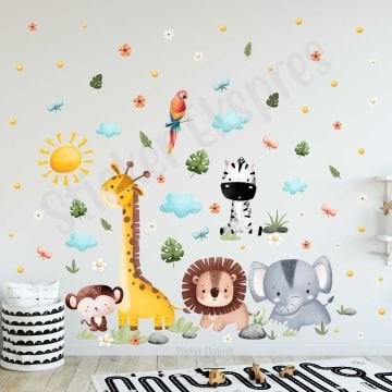 Şirin Safari Hayvanlar Çocuk Odası Okul Kreş Duvar Sticker Seti