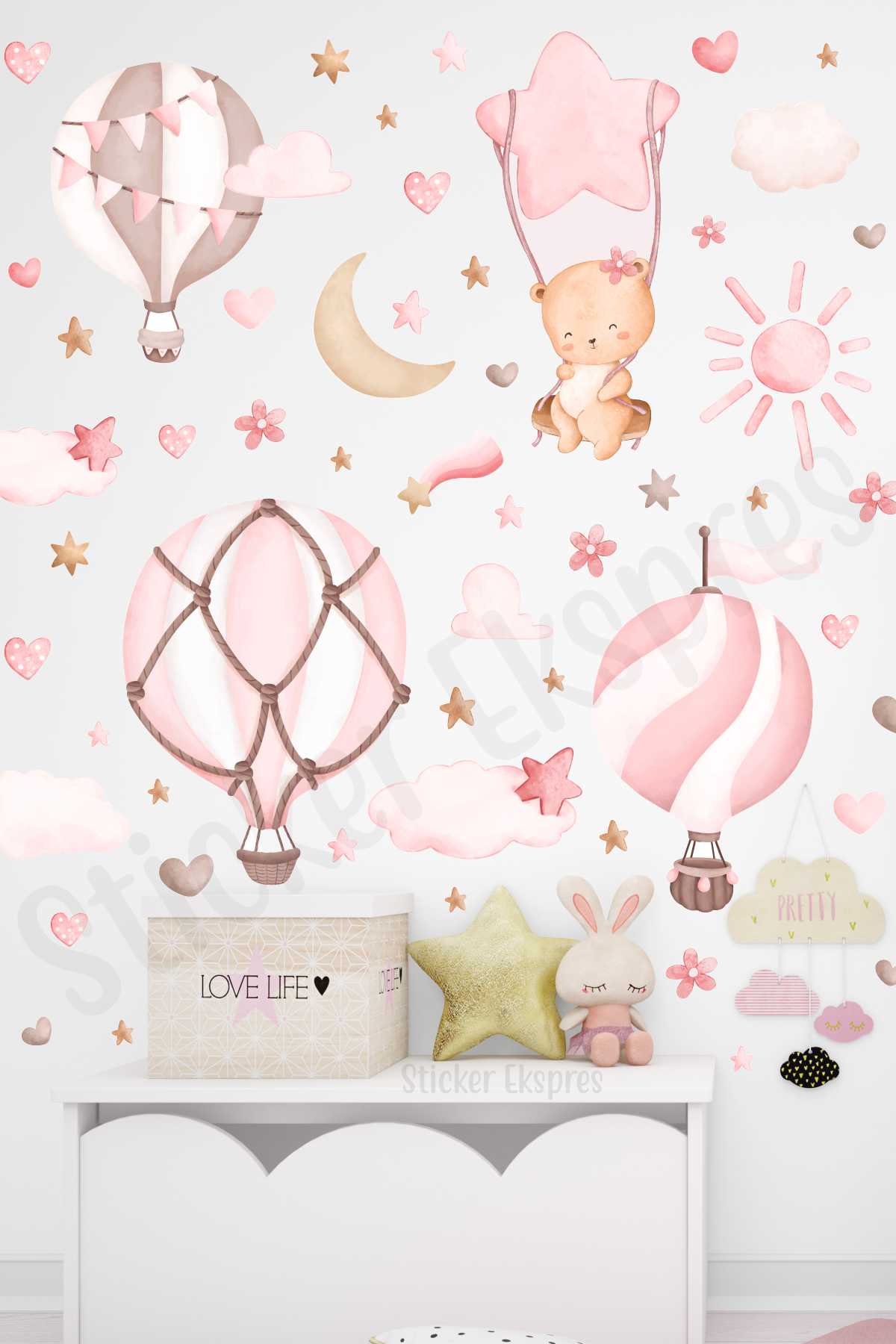 Sevimli Ayıcık Ve Pembe Balonlar Çocuk Odası Duvar Sticker Seti