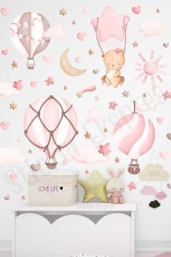 Sevimli Ayıcık Ve Pembe Balonlar Çocuk Odası Duvar Sticker Seti