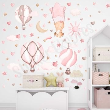 Sevimli Ayıcık Ve Pembe Balonlar Çocuk Odası Duvar Sticker Seti