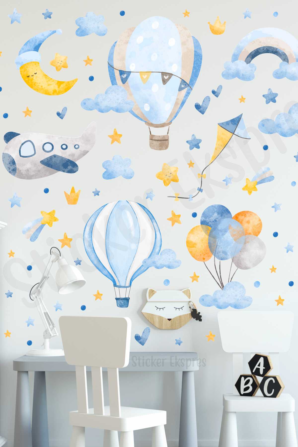 Mavi Balonlar Ve Uçak Çocuk Odası Duvar Sticker Seti