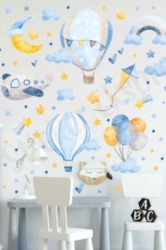 Mavi Balonlar Ve Uçak Çocuk Odası Duvar Sticker Seti