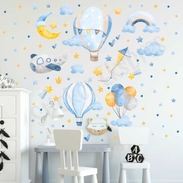 Mavi Balonlar Ve Uçak Çocuk Odası Duvar Sticker Seti