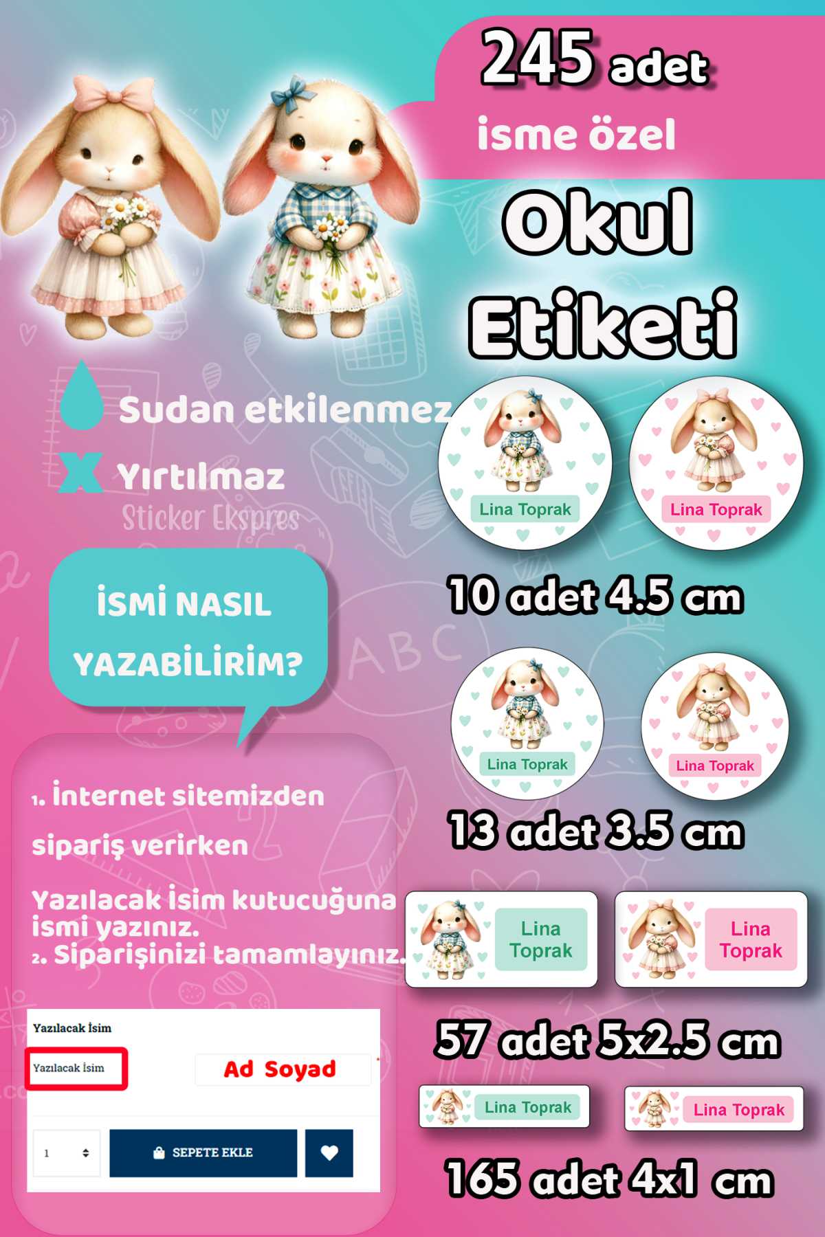Okul Etiketi Sevimli Tavşanlar Kalem Defter Etiketi Özel İsim Yazılabilen Etiket 245 Adet