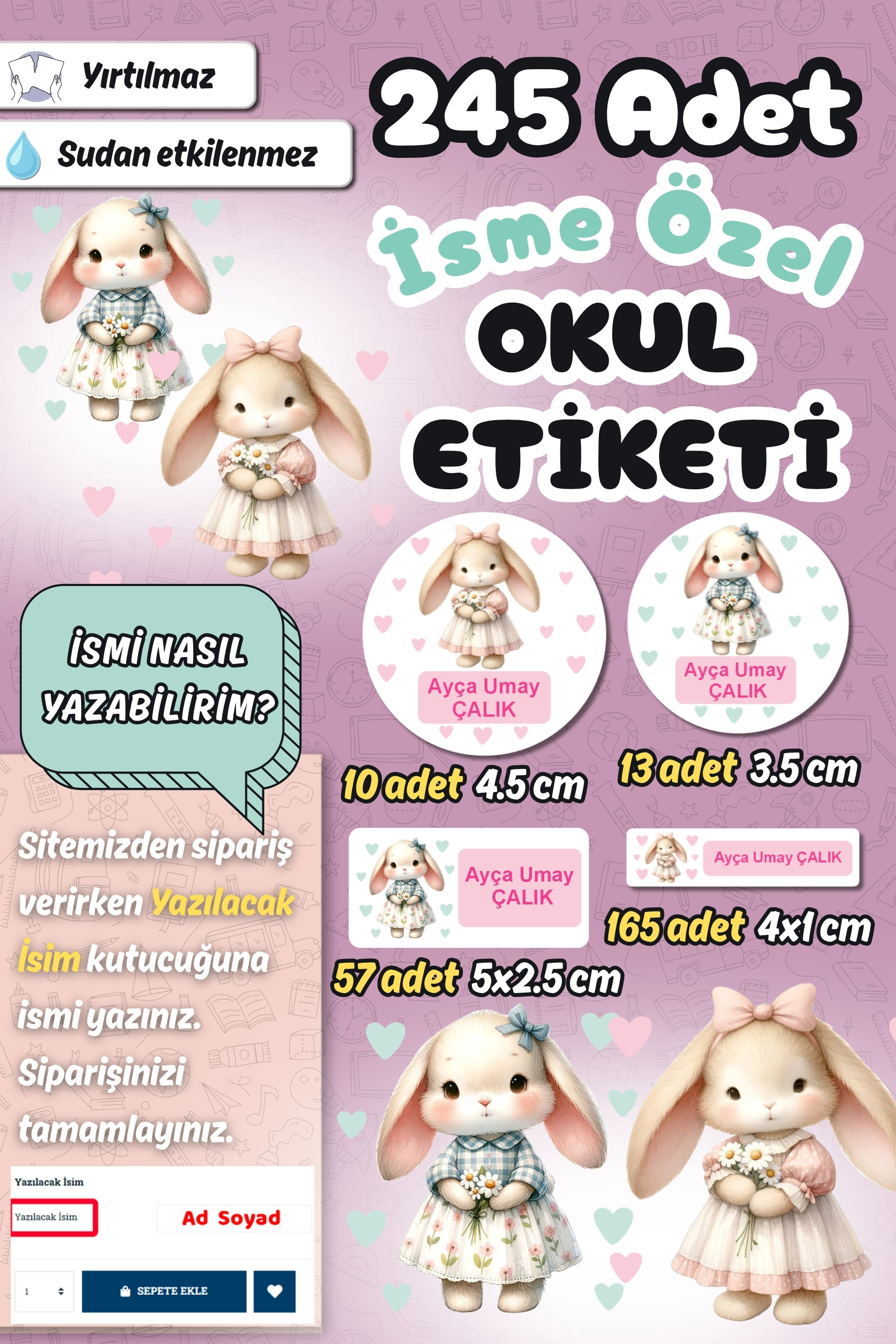 Okul Etiketi Sevimli Tavşanlar Kalem Defter Etiketi Özel İsim Yazılabilen Etiket 245 Adet