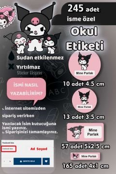 Okul Etiketi Kuromi Kalem Defter Etiketi Özel İsim Yazılabilen Etiket 245 Adet