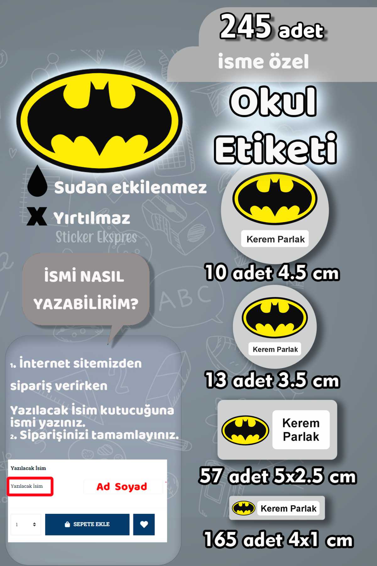 Okul Etiketi Batman Kalem Defter Etiketi Özel İsim Yazılabilen Etiket 245 Adet