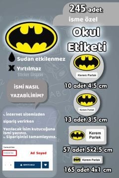 Okul Etiketi Batman Kalem Defter Etiketi Özel İsim Yazılabilen Etiket 245 Adet