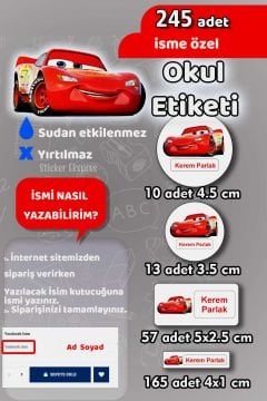 Okul Etiketi Cars / Arabalar Kalem Defter Etiketi Özel İsim Yazılabilen Etiket 245 Adet