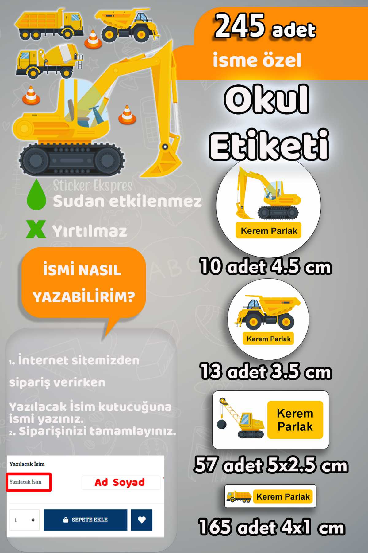 Okul Etiketi İş Makinaları Kalem Defter Etiketi Özel İsim Yazılabilen Etiket 245 Adet