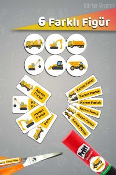 Okul Etiketi İş Makinaları Kalem Defter Etiketi Özel İsim Yazılabilen Etiket 245 Adet