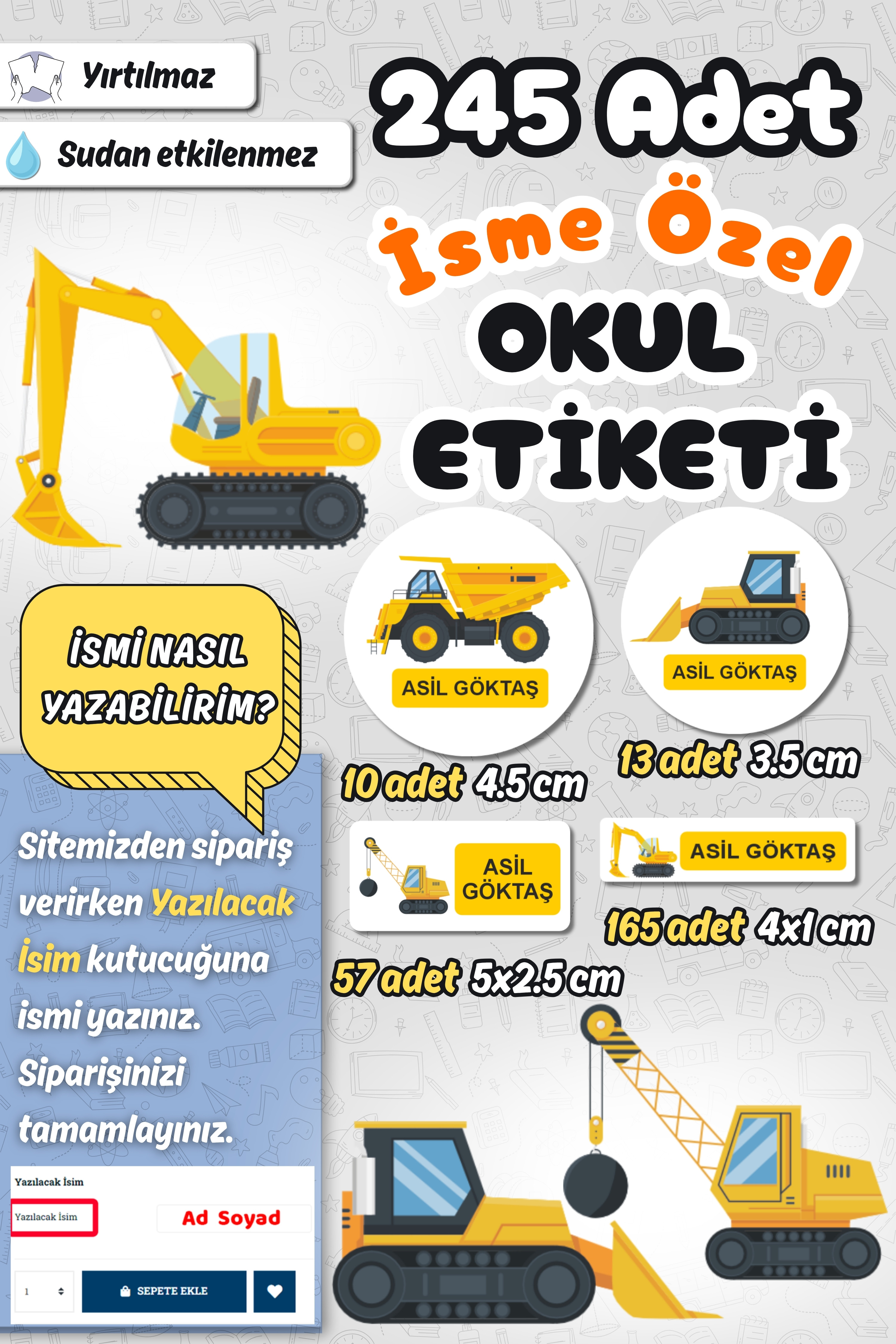 Okul Etiketi İş Makinaları Kalem Defter Etiketi Özel İsim Yazılabilen Etiket 245 Adet