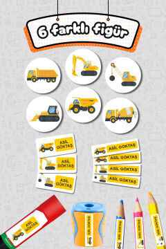 Okul Etiketi İş Makinaları Kalem Defter Etiketi Özel İsim Yazılabilen Etiket 245 Adet
