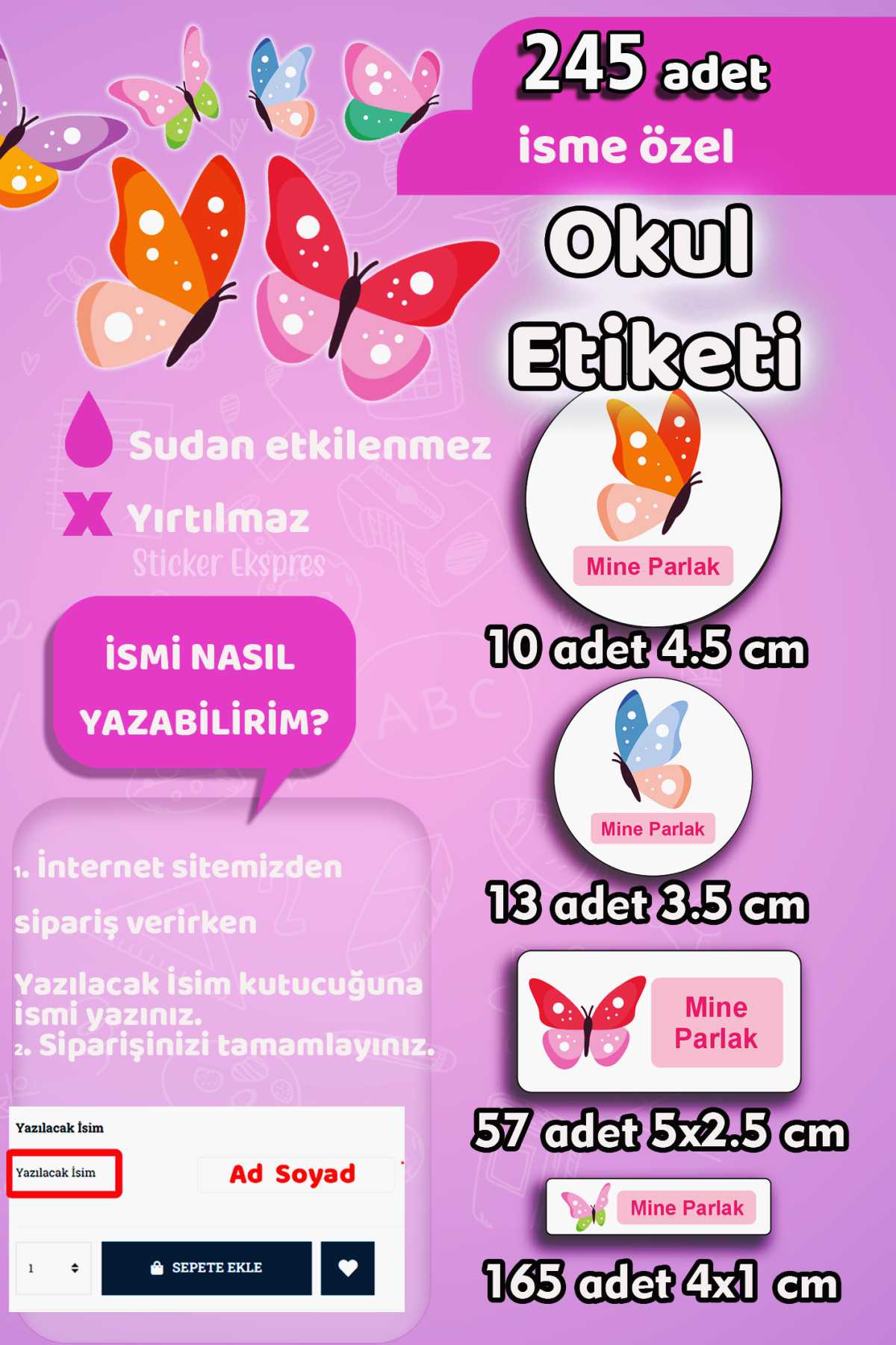 Okul Etiketi Kelebek Temalı Kalem Defter Etiketi Özel İsim Yazılabilen Etiket 245 Adet