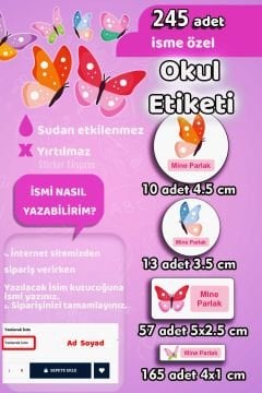 Okul Etiketi Kelebek Temalı Kalem Defter Etiketi Özel İsim Yazılabilen Etiket 245 Adet