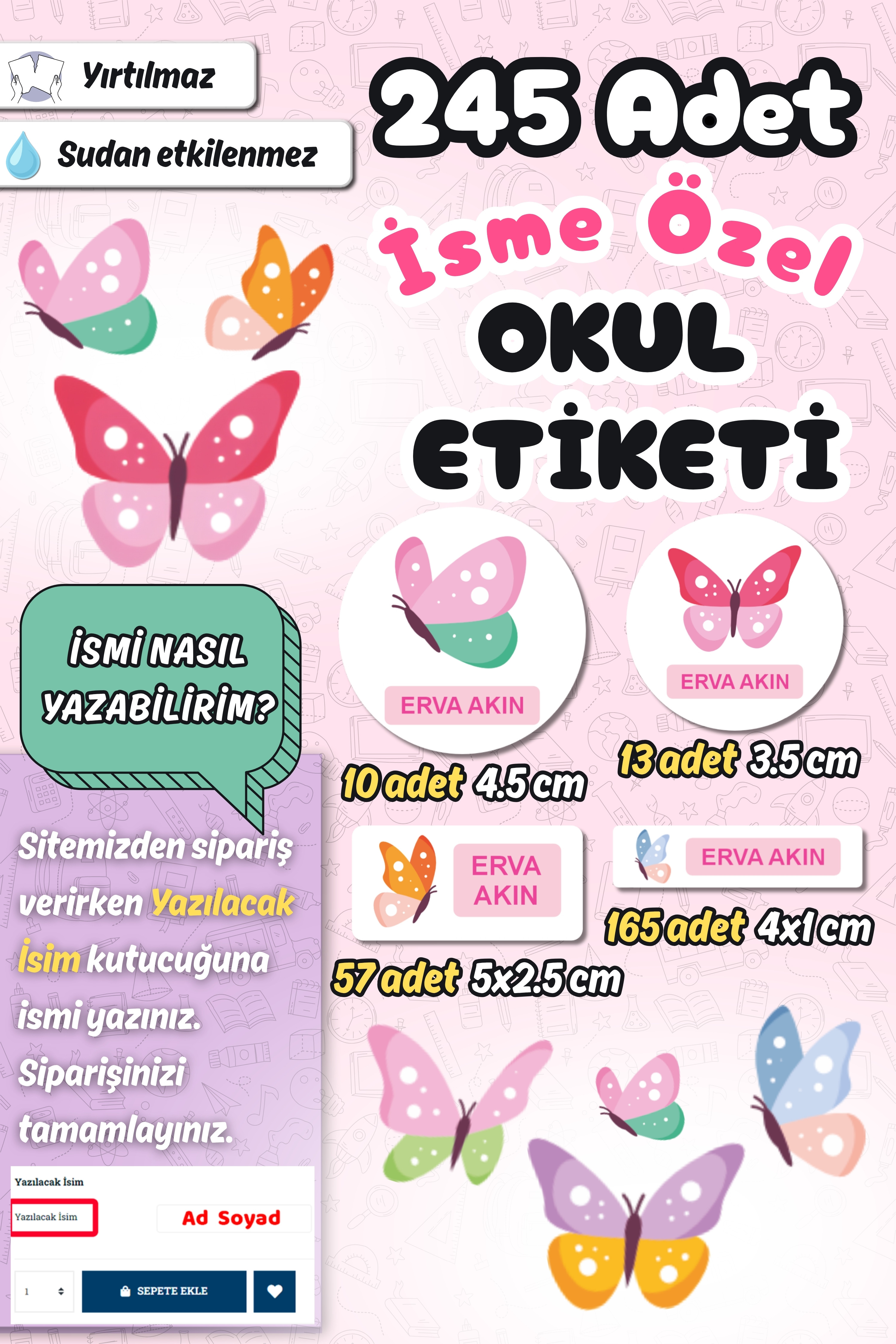 Okul Etiketi Kelebek Temalı Kalem Defter Etiketi Özel İsim Yazılabilen Etiket 245 Adet