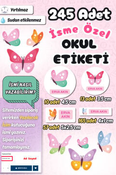 Okul Etiketi Kelebek Temalı Kalem Defter Etiketi Özel İsim Yazılabilen Etiket 245 Adet