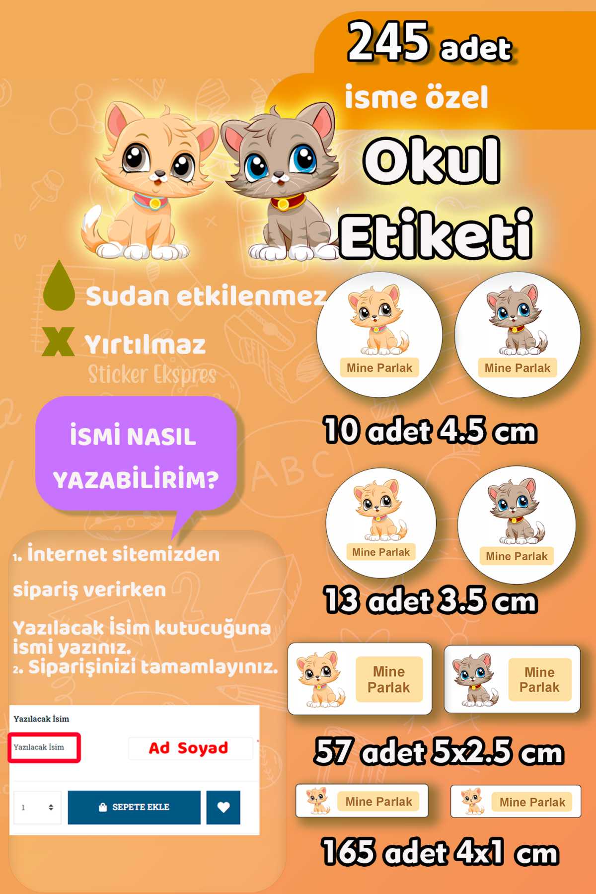 Okul Etiketi Şirin Kediler Kalem Defter Etiketi Özel İsim Yazılabilen Etiket 245 Adet
