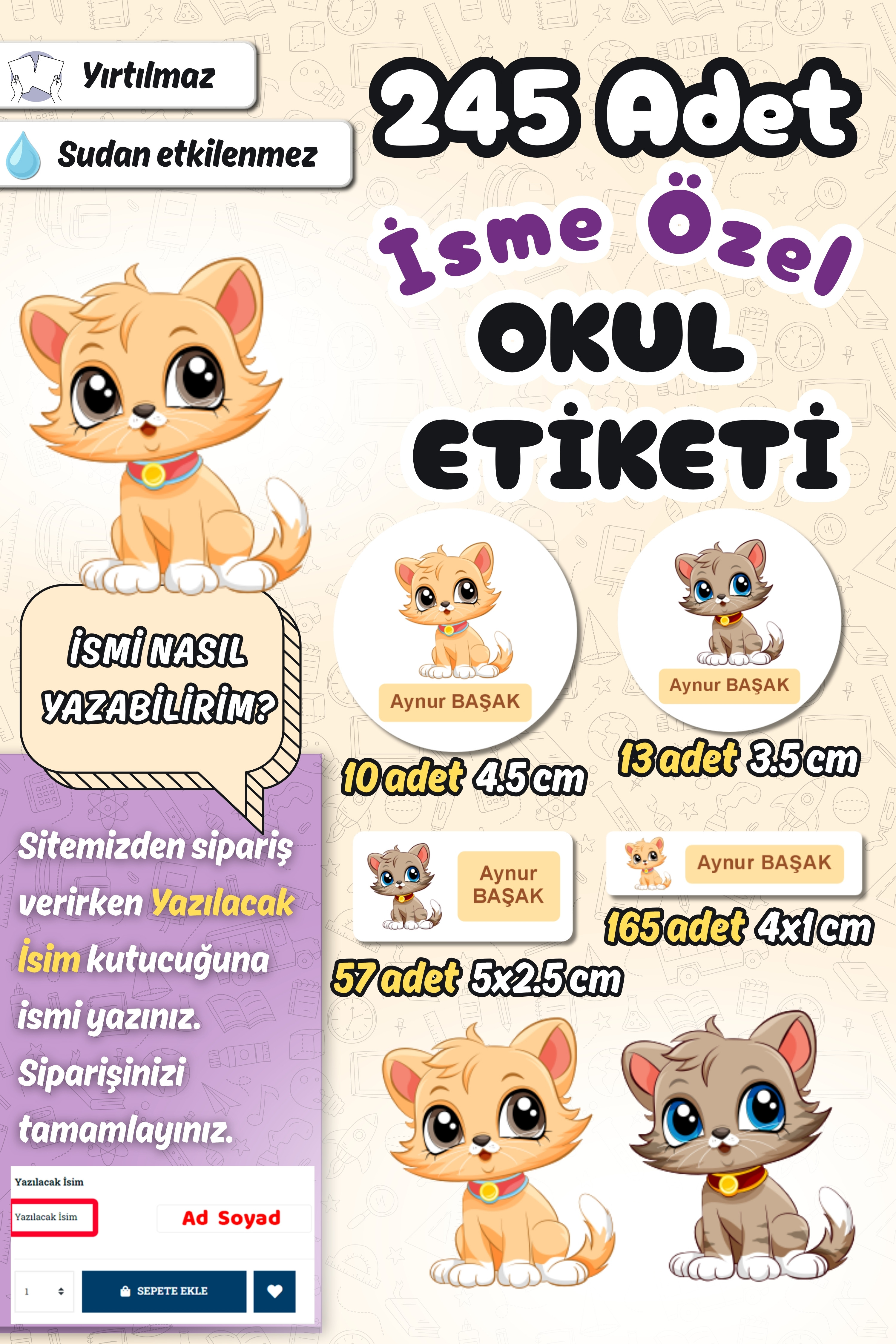 Okul Etiketi Şirin Kediler Kalem Defter Etiketi Özel İsim Yazılabilen Etiket 245 Adet
