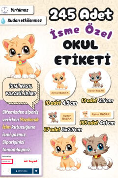 Okul Etiketi Şirin Kediler Kalem Defter Etiketi Özel İsim Yazılabilen Etiket 245 Adet